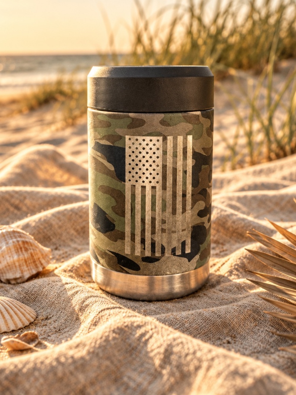 NWOT Magellan Outdoors Insulated Can Drink Holder Coozie Camo Flag